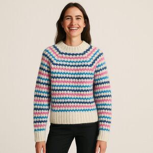 Zara Multicolor Rainbow Stripe Knit Sweater Soft Cozy Oversized Crew Neck Size S